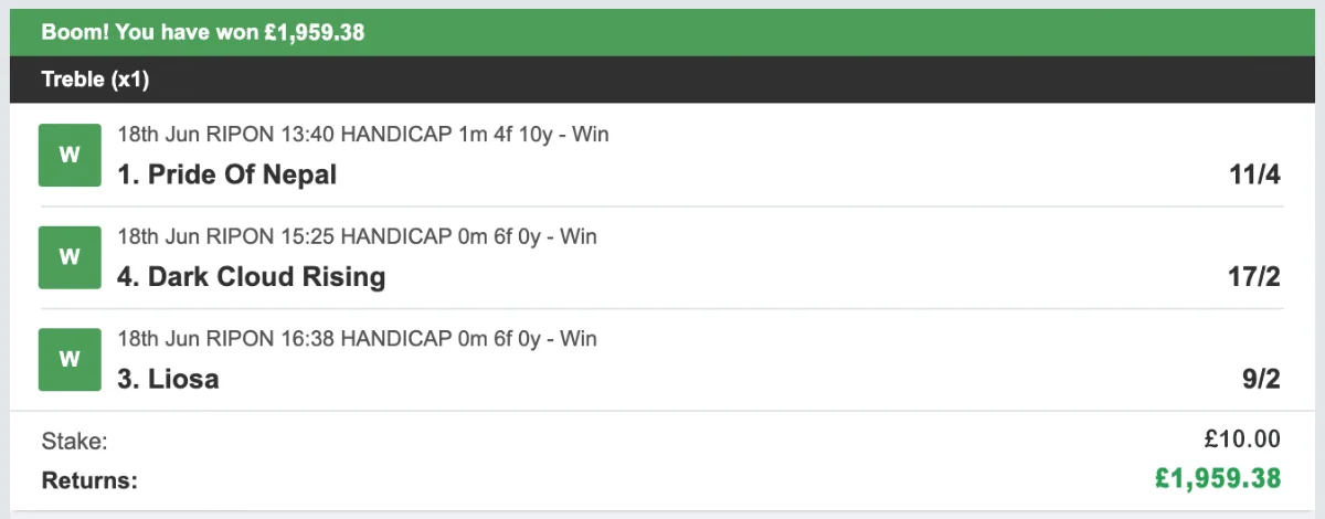 Bet slip, 18th June 2026: treble of Pride Of Nepal, Dark Cloud Rising and Liosa, £10 stake returning £1,959.38